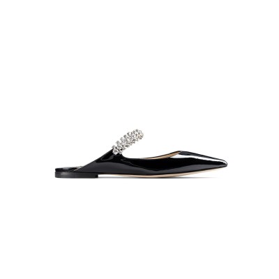 JIMMY CHOO BLACK PATENT LEATHER MULES WITH CRYSTAL STRAP BINGFLATPAT010003